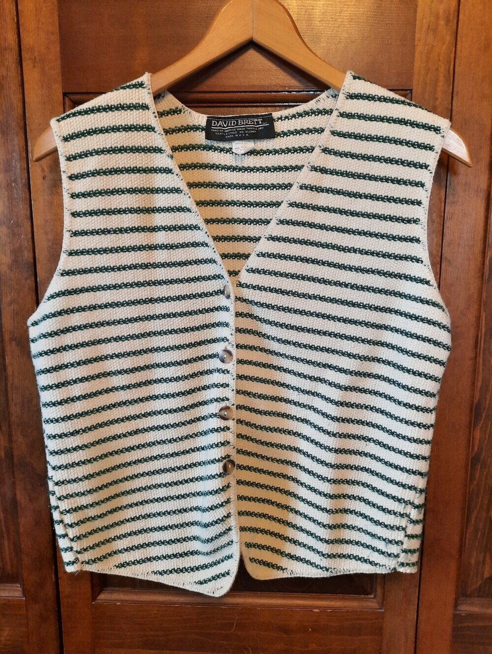 Vintage 90s David Brett 100% Cotton Cream Green Knit Striped Vest Size Medium